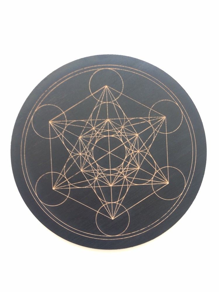 Laser engraved 6” Ebony Black Stained Metratrone’s Cube Crystal Grid