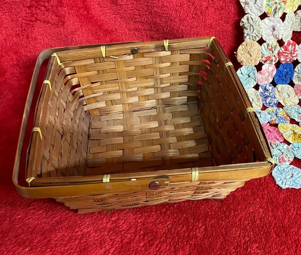 Vtg Square Basket with Movable Handle Lightweight Brown with Tan Decorations
