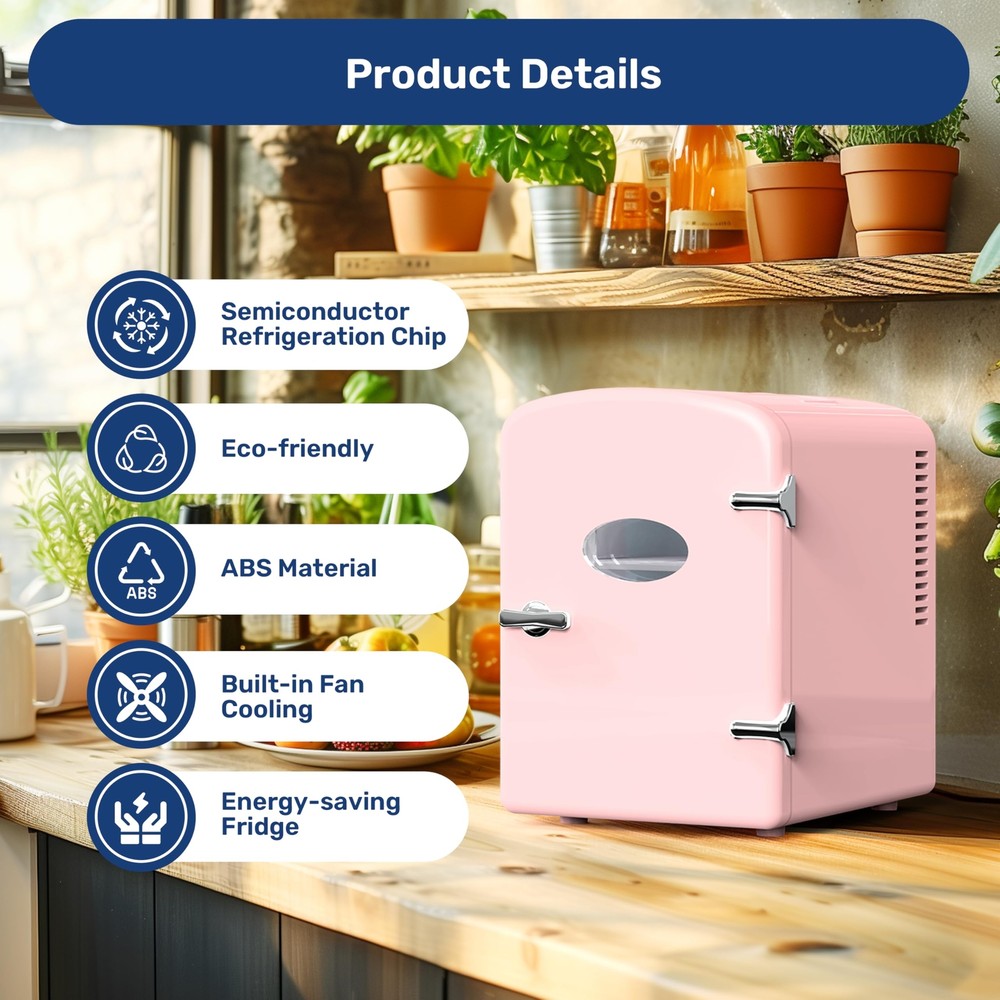 6L 9 Can Mini Fridge Compact Cooler & Warmer with Window Portable Pink