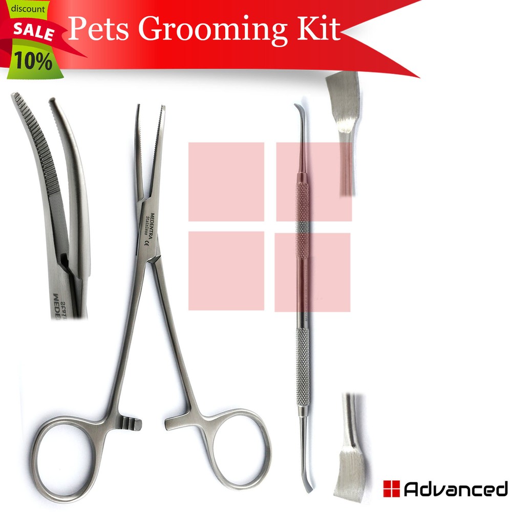Pets Ear Hair Pulling Forceps Kelly Curved Veterinary Scraper Teeth Cleaning Kit