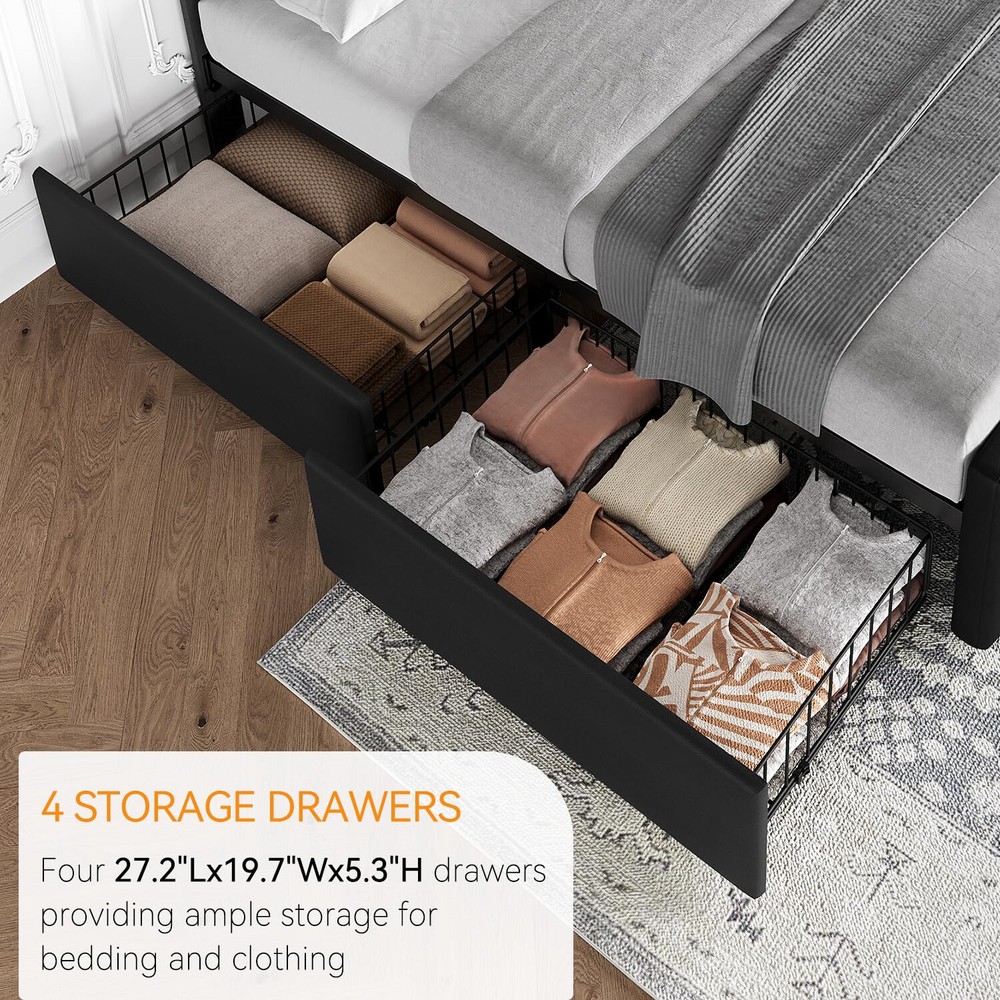 🎱✅Full Size Bed Frame with 4 Storage Drawers and Headboard Upholstered Platform