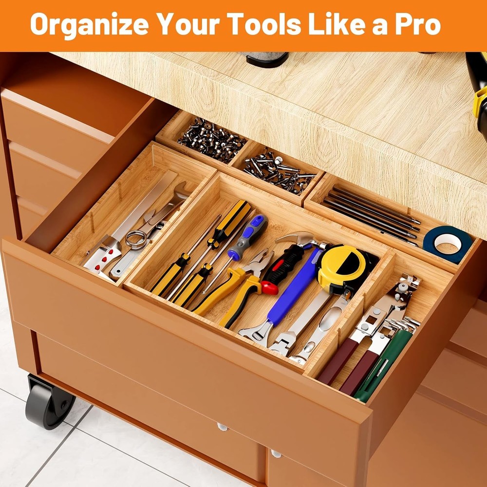 SpaceWhisper 5-Piece Bamboo Drawer Organizer, Stackable Storage for Kitchen,