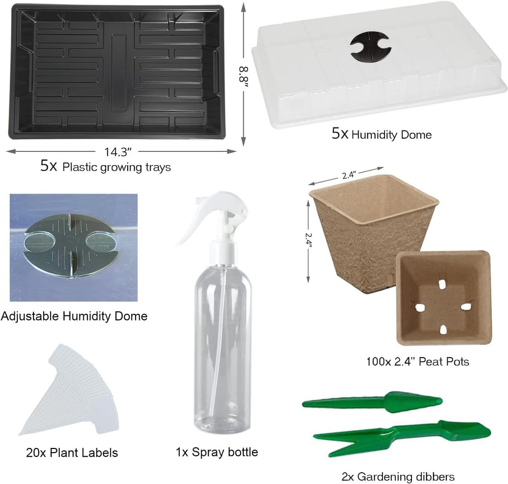 Seed Starter Kit with 100 Biodegradable Peat Pots, 5 Trays, Dome & Spray