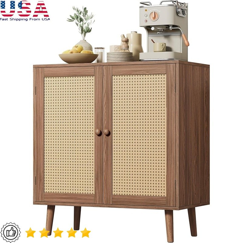 Walnut Rattan Cabinet Entryway Storage Sideboard Buffet Table Organizer New