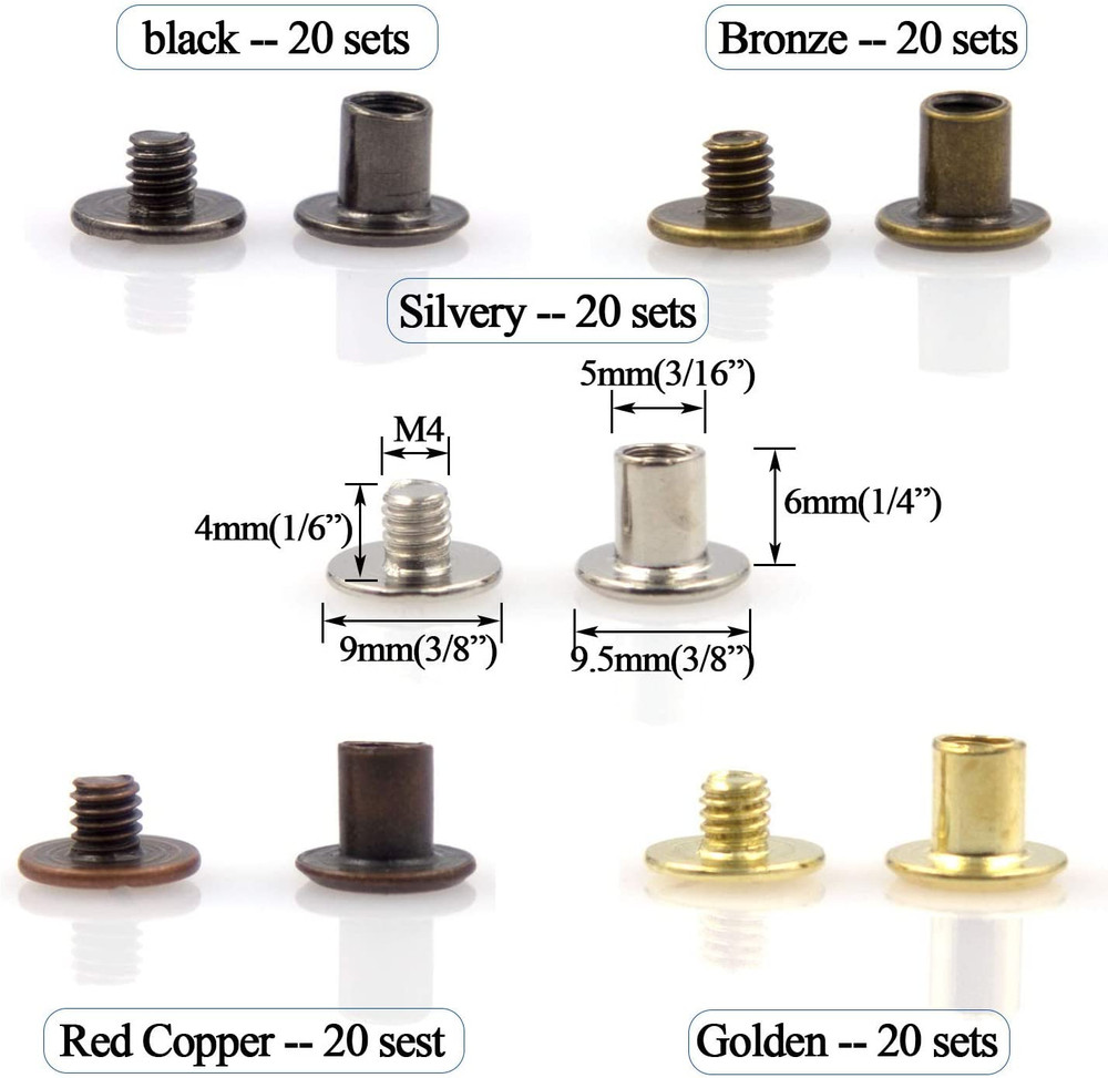 100 Sets Chicago Screws Assorted Kit Leather Rivets Binding Posts Bolts New