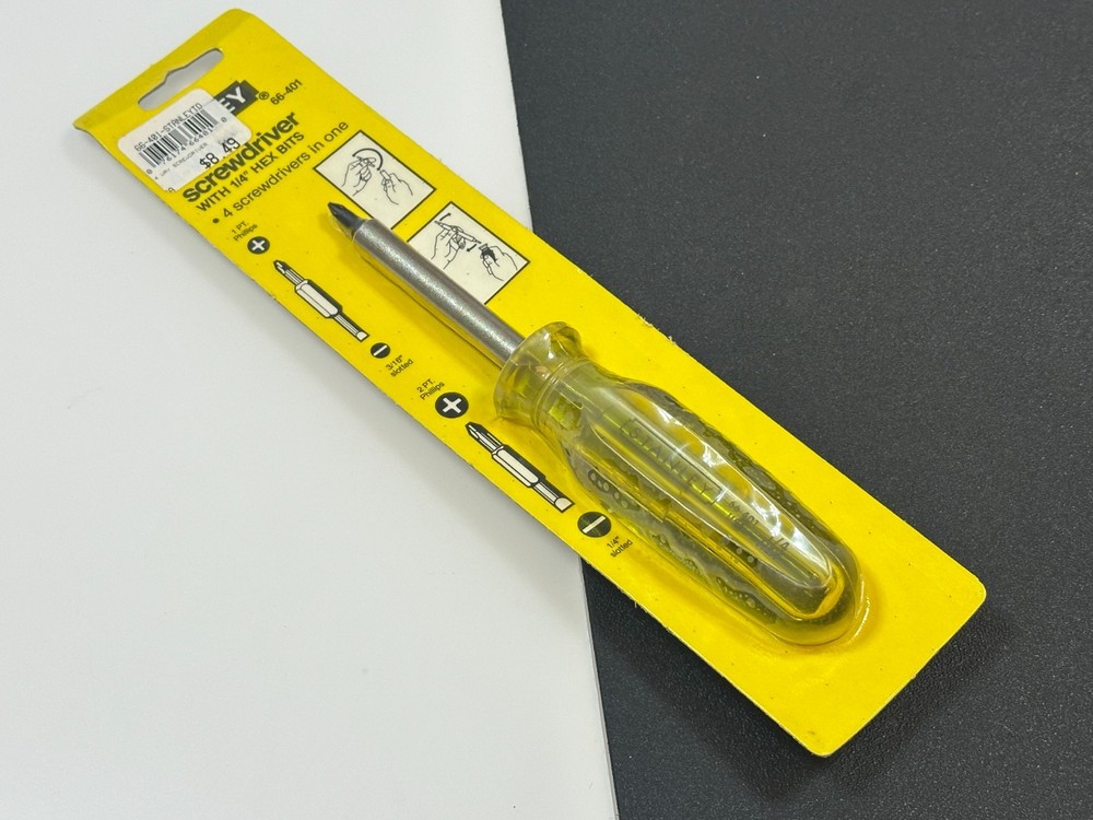 🇺🇸 Stanley Tools USA 66-401 4-Way Screwdriver, Yellow Hard Handle 1/4 Hex Bits