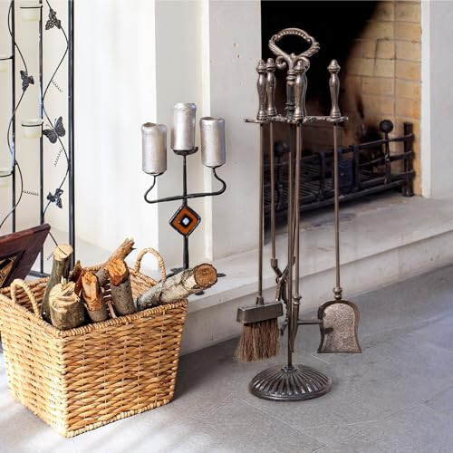 Sungmor 5PCS Cast Iron Fireplace Tools Set Rustic Fire Pit Accessories Holder