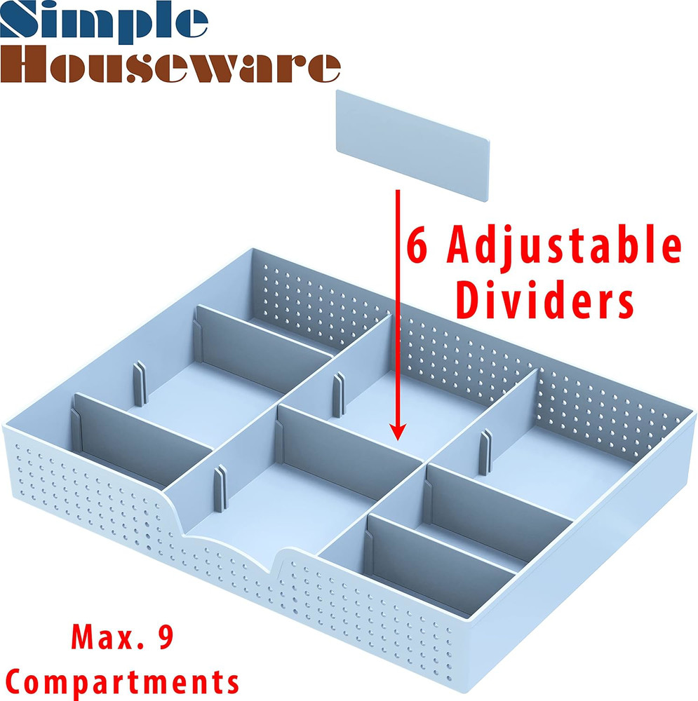 Blue Drawer Organizer Tray - 9 Adjustable Compartments for Home Storage