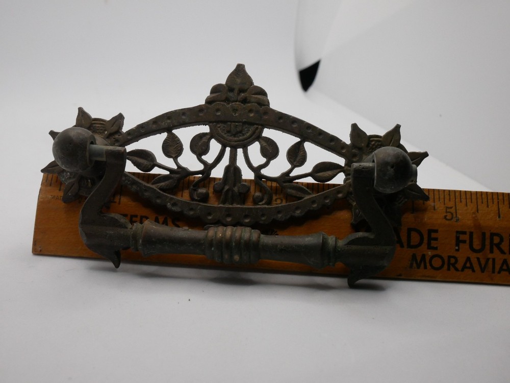 3 Antique Victorian Era Ornate Decorative Cast Brass Drawer Pull