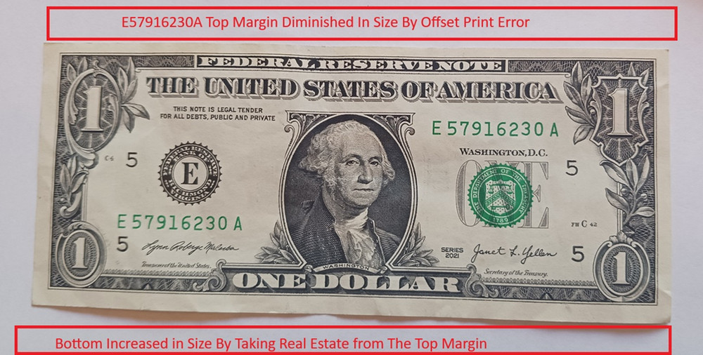 $1  Dollar Bill Misaligned Offset Print Error  2021 (E57916230A)