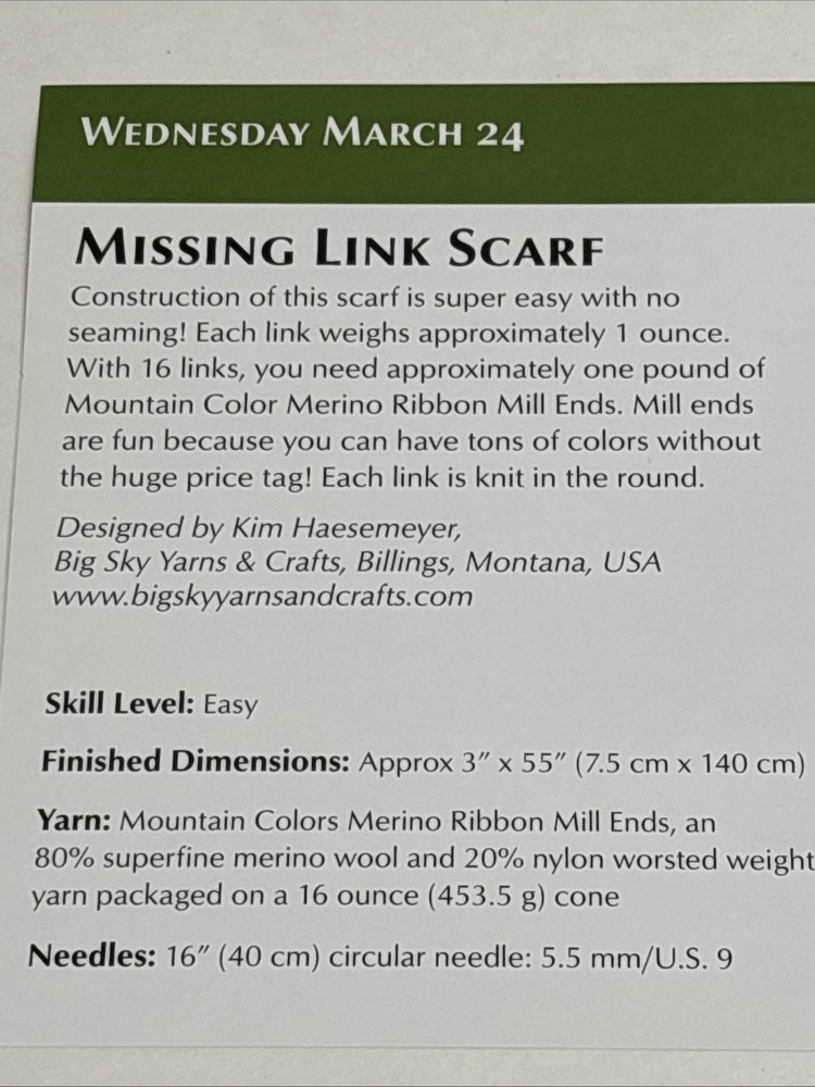 Missing Link Scarf Knitting Pattern Card Page