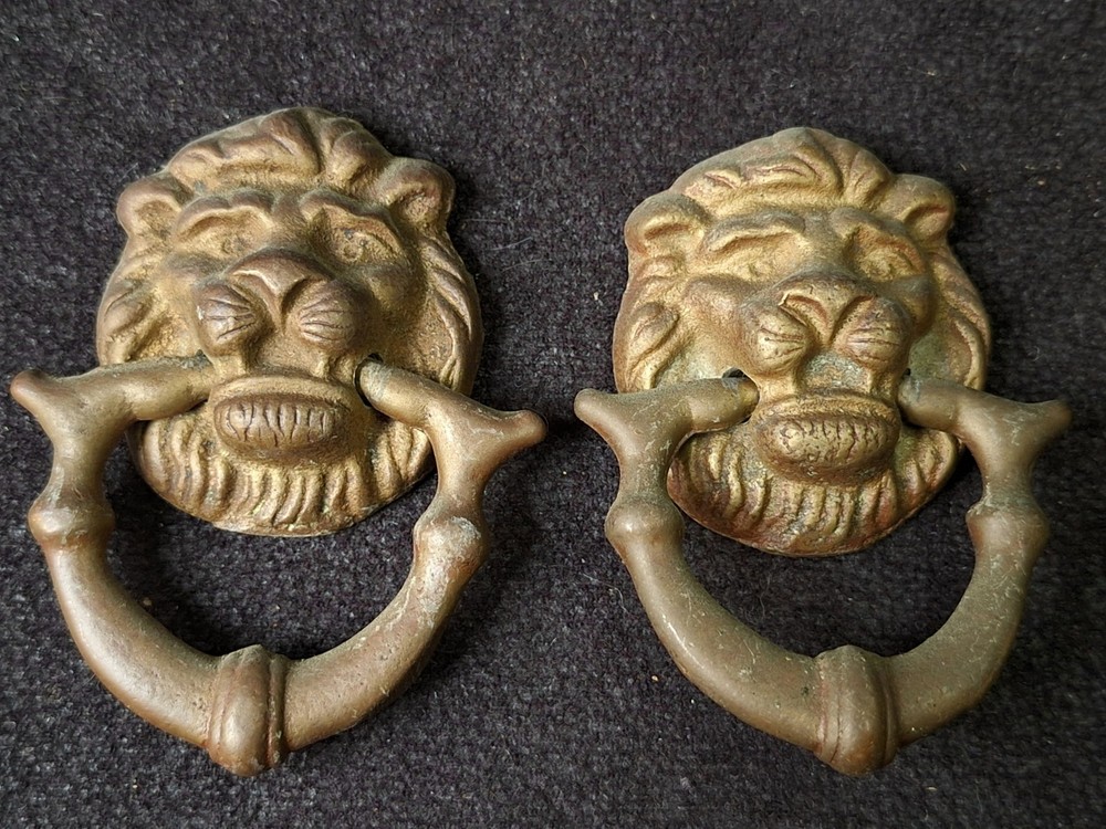 Antique Solid Brass Door Knocker Style Ring Drawer Pull with Lion's Face Pair