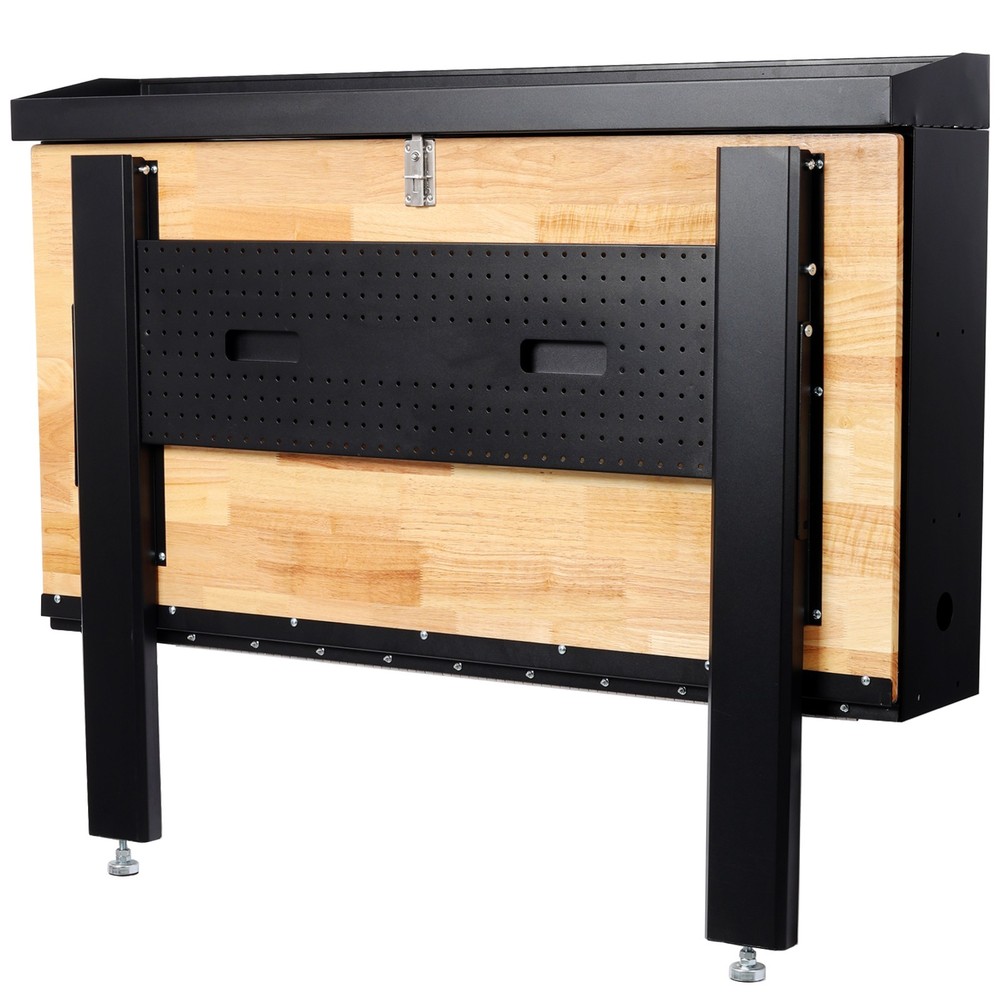 Wall Mounted Foldable Workbench, Space-Saving Rubberwood Top with Tool Pegboard
