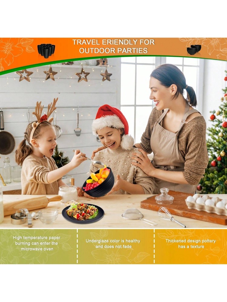 16 Piece Dinnerware Set, Kitchen Wheat Straw Dinnerware Set, Black, Serves 4