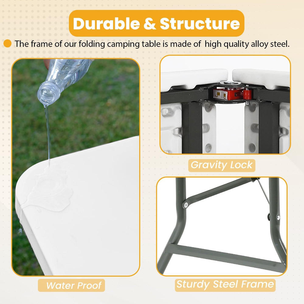 6FT Folding Table, Portable Fold-In-Half Plastic Picnic Party Table with Carryin