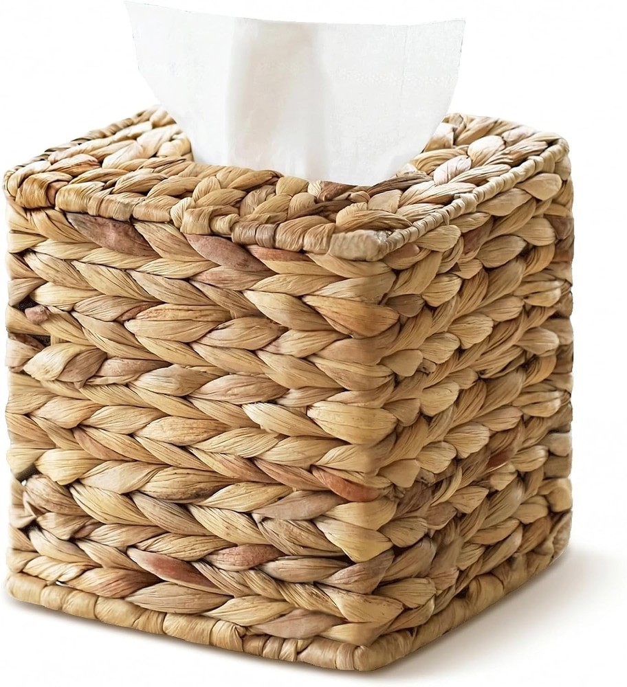 Square Wicker Tissue Box Cover Boho Decorative Holder Natural Rattan