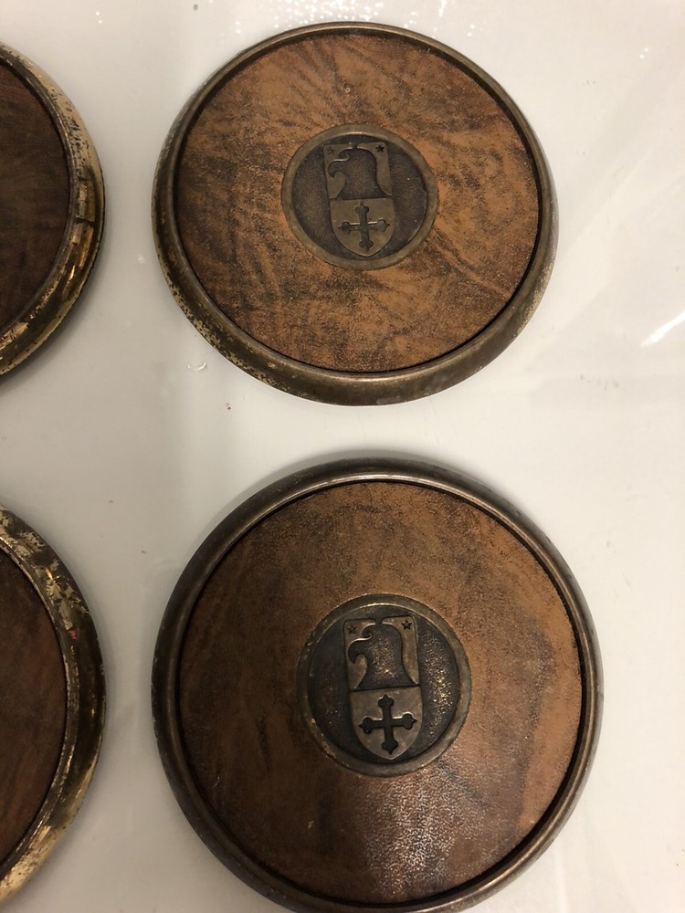 Vintage BTS Solid Brass and Leather 7 pc Coaster Set Eagle Knights logo Mancave