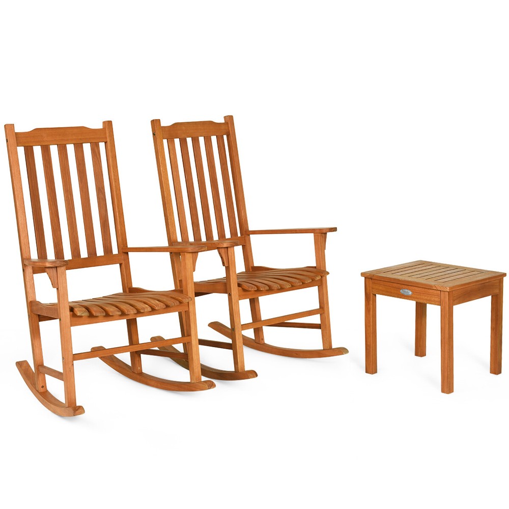 3 PCS Eucalyptus Rocking Chair Set Patio With Coffee Table 2 Conversation Chairs