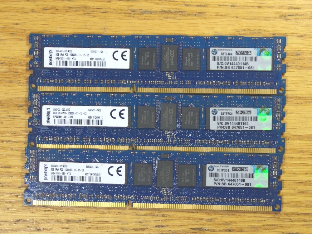 THREE - Kingston 8GB PC3-12800R Server Memory - HP647651-081-HYA