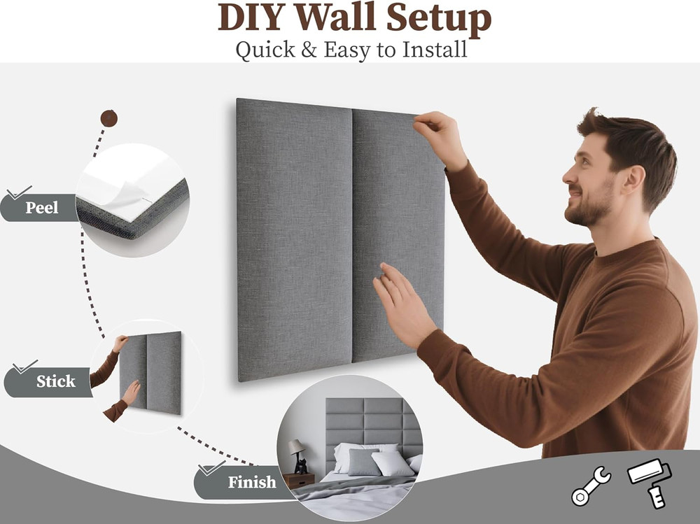 Peel and Stick Upholstered Wall Mounted Headboard Queen Size, 9 Panels Tufted Fa