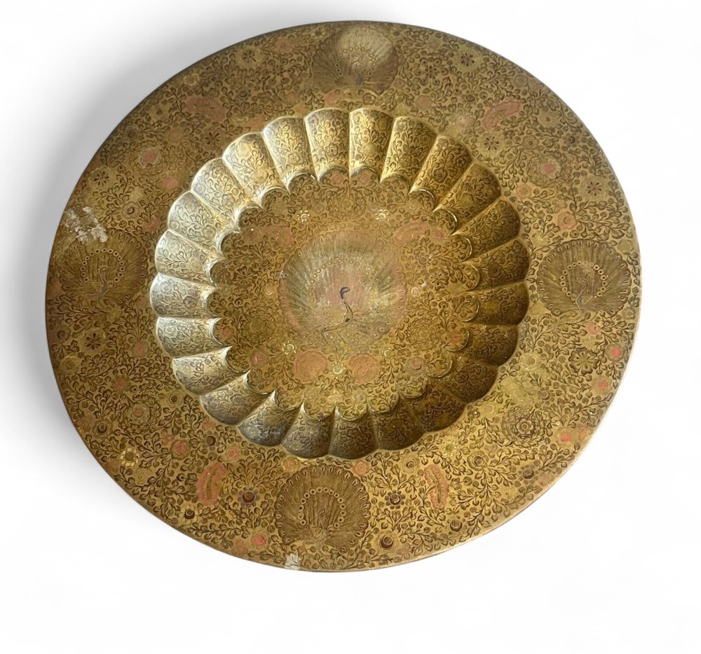 Vintage Anglo Indian Brass Tray Table Peacock Engraved Folding Side Table Decor