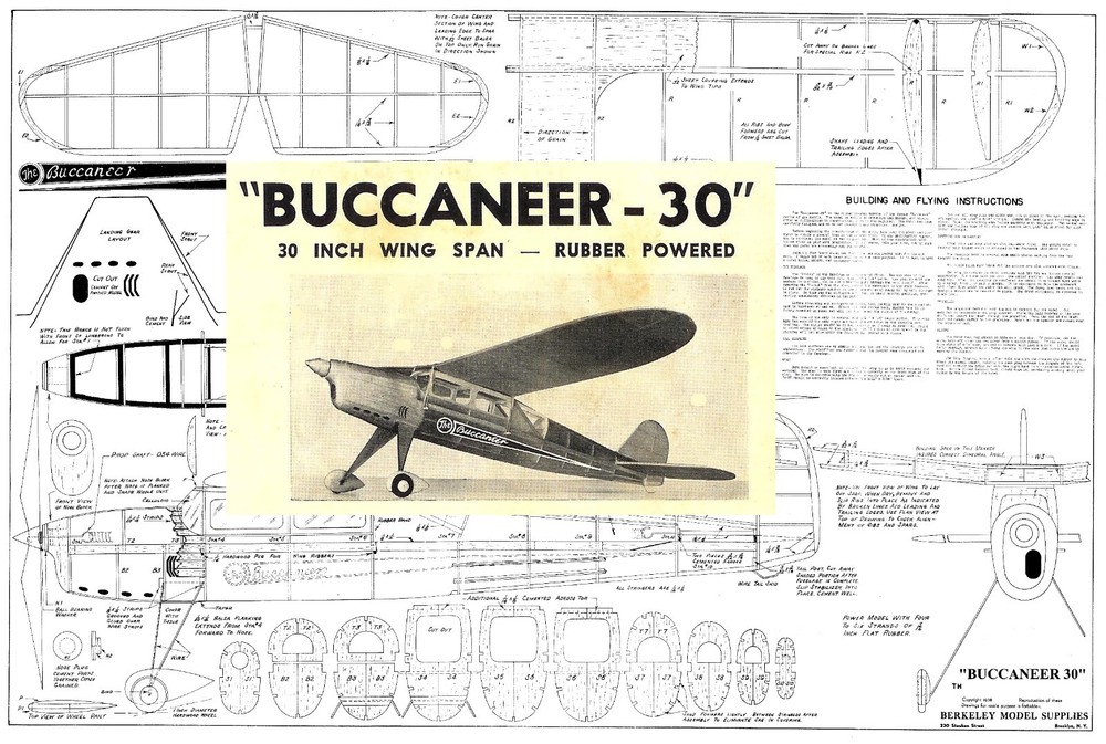 Berkeley Model Airplane Plans (FF): Buccaneer 30 - 30" Wingspan  Rubber-Powered