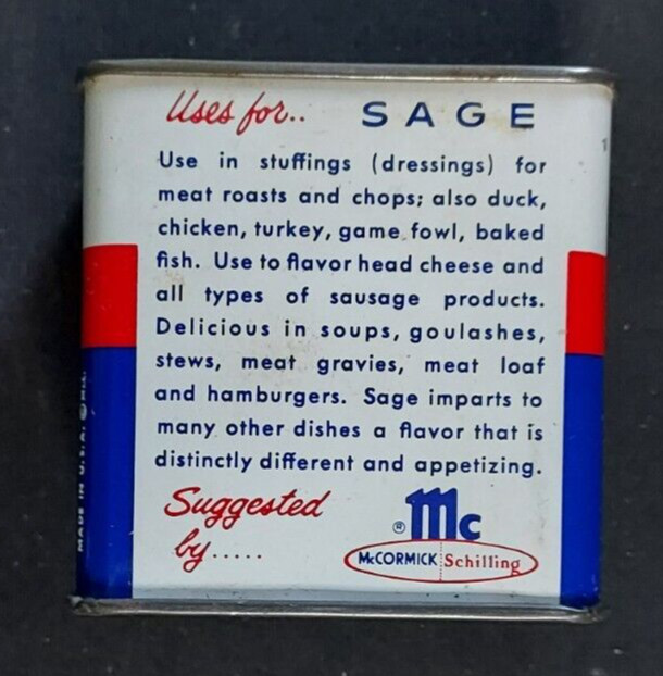 Old EMPTY Advertising Spice Tin McCormick Rubbed Sage Baltimore MD Schilling