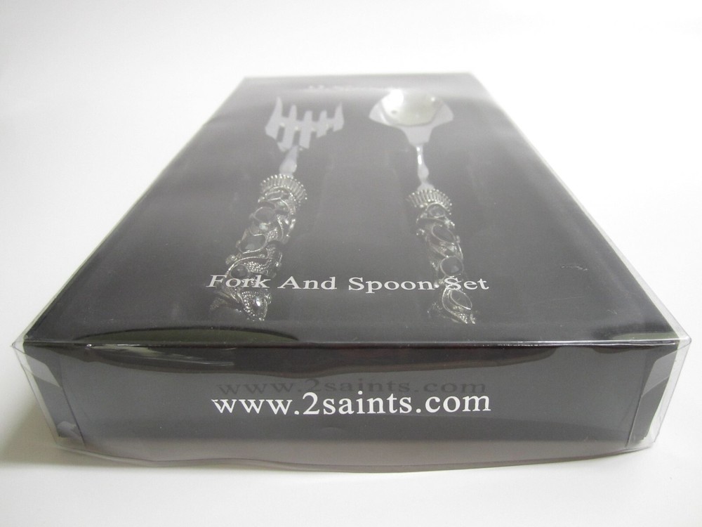 2 Saints Silver Serving Salad Fork & Spoon Set Ornate Black & Crystal Handles