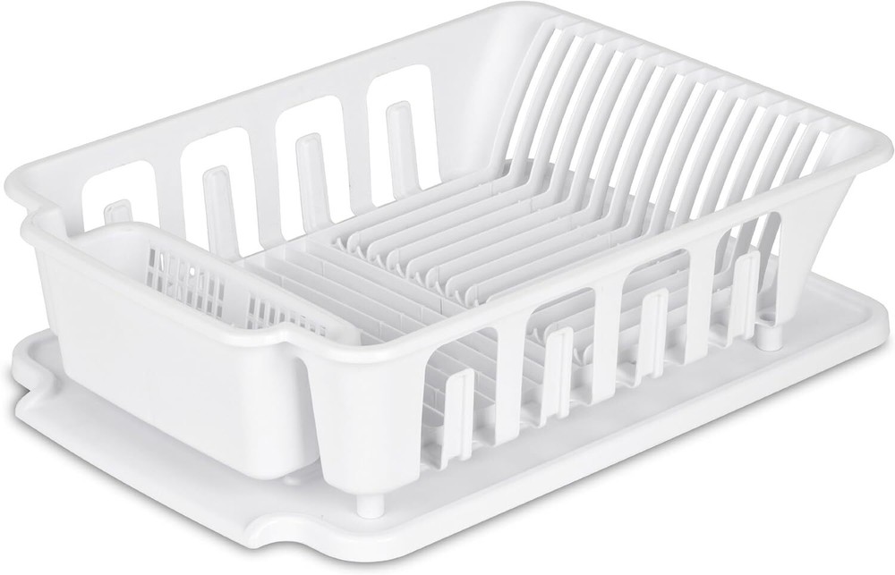 New Sterilite 2-Piece Large Kitchen Sink Tabletop Set Dish Rack Drainer, White