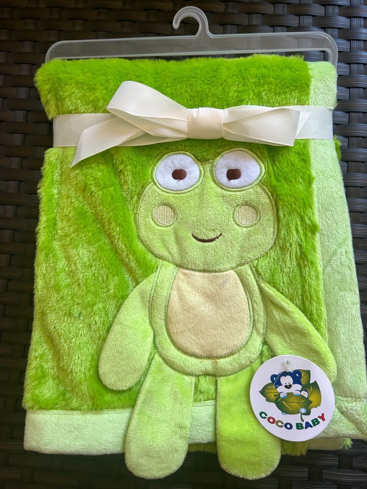 Soft Baby Boy Blanket - Embroidered Frog Design, Solid Green, 40"x30"