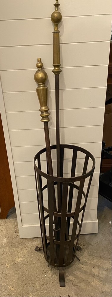 Massive 19th C. Brass & Iron Fireplace Poker & Fork & Iron Stand