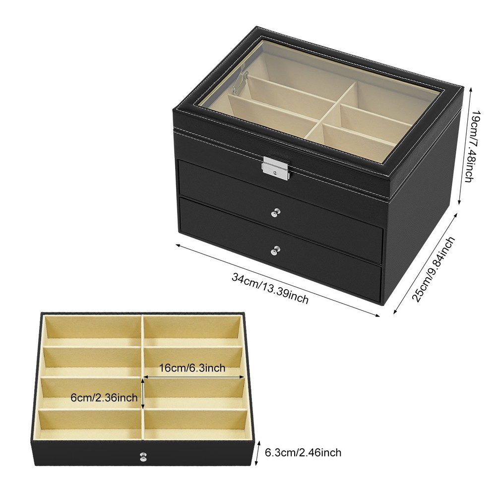 3 Layer Black Sunglasses Display Case, PU Leather Eyeglass Storage Box,