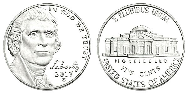 2017 S JEFFERSON NICKEL GEM DCAM PROOF from PROOF Set