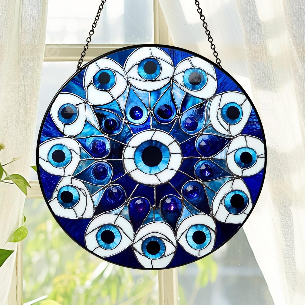 Evil Eye Stained Glass Suncatcher – Blue Round Hanging Window Panel Decor