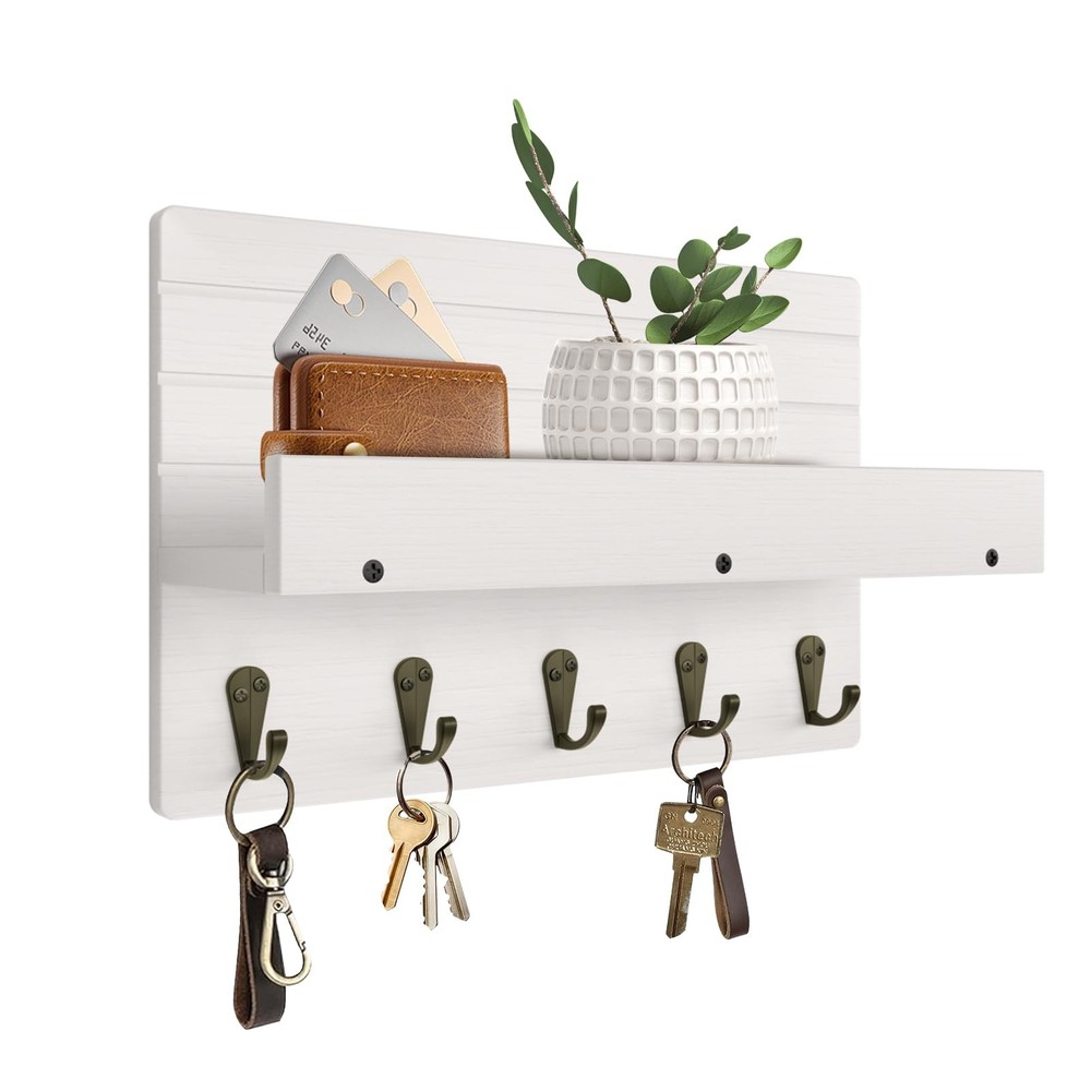 KISENG Key Holder Wall Mount, Rustic Hooks for with 10.62 IN, White