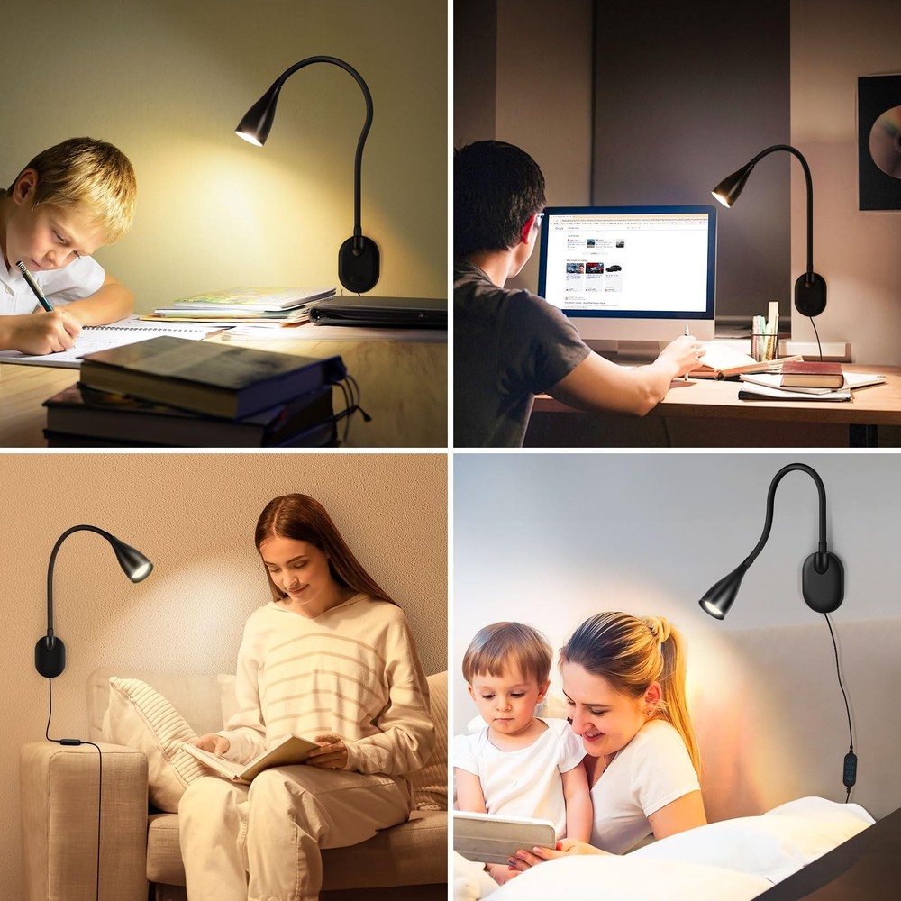 Wall-Mounted Bedside Reading Light with USB Charging Port, 10-Level Dimmable ...