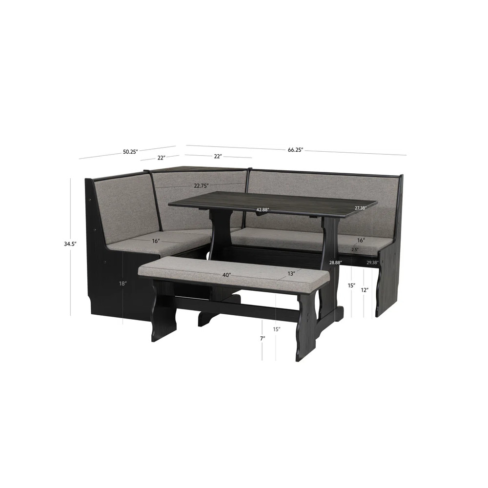 3 pc Gray Black Top Breakfast Nook Dining Set Corner Booth Bench Kitchen Table