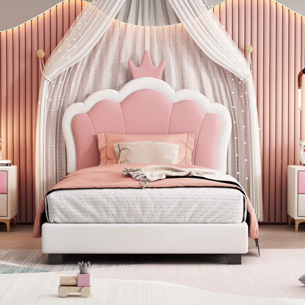 Twin/Full Size Bed Frame PU Upholstered Platform Bed w/ Headboard