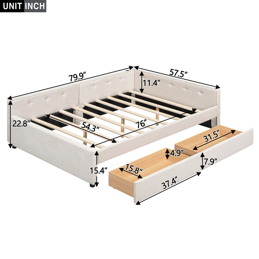 Full Size Daybed Upholstered Bed Frame Sofa Bed with USB Ports & 2 Drawer