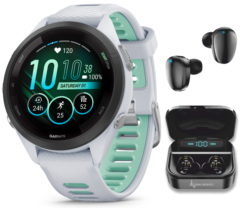 Garmin Forerunner 265S Running Smartwatch AMOLED Display White w/ Black EarBuds