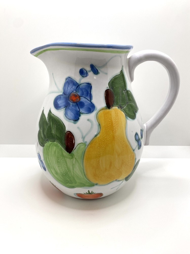 Vintage Pottery Ceramic Handpainted Flowrs And Fruit Design Jug Pitcher