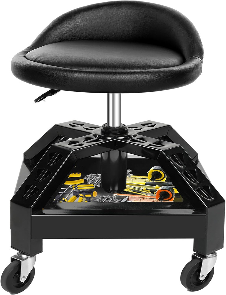 Heavy Duty Rolling Garage Stool with Tool Tray & Lockable Wheels, 350 lbs Capaci