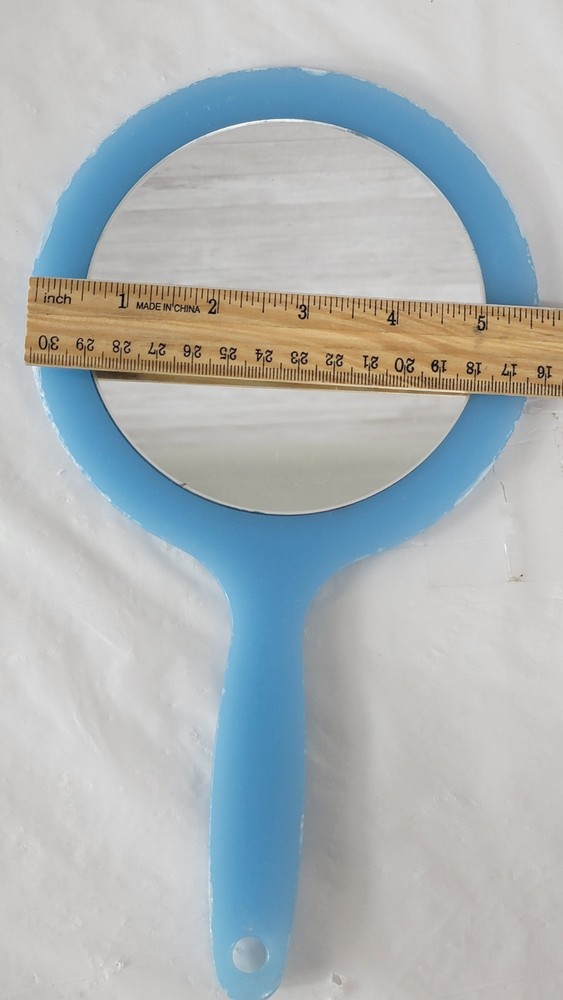 Vintage Light Blue Plastic Hand Mirror Double Sided Magnified