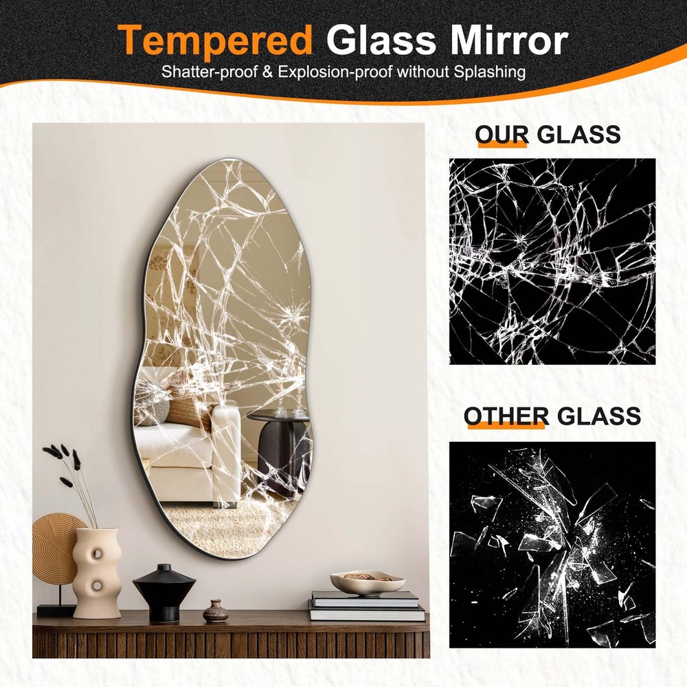 Delma Irregular Wall Mirror,32"x14" Slim Vertical Wavy Design,Frameless Decor...