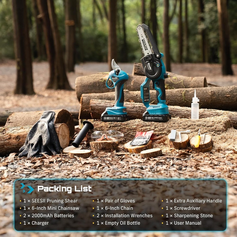 Cordless Mini Chainsaw & Electric Brushless Pruning Shears Combo kit 2×2000mah
