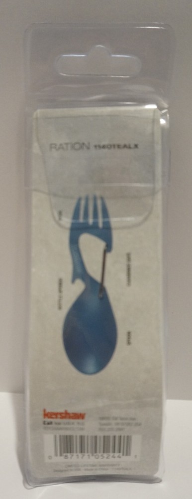 Kershaw Ration Fork / Spoon Combo, Bottle Opener, Carabiner, Teal Blue, Compact