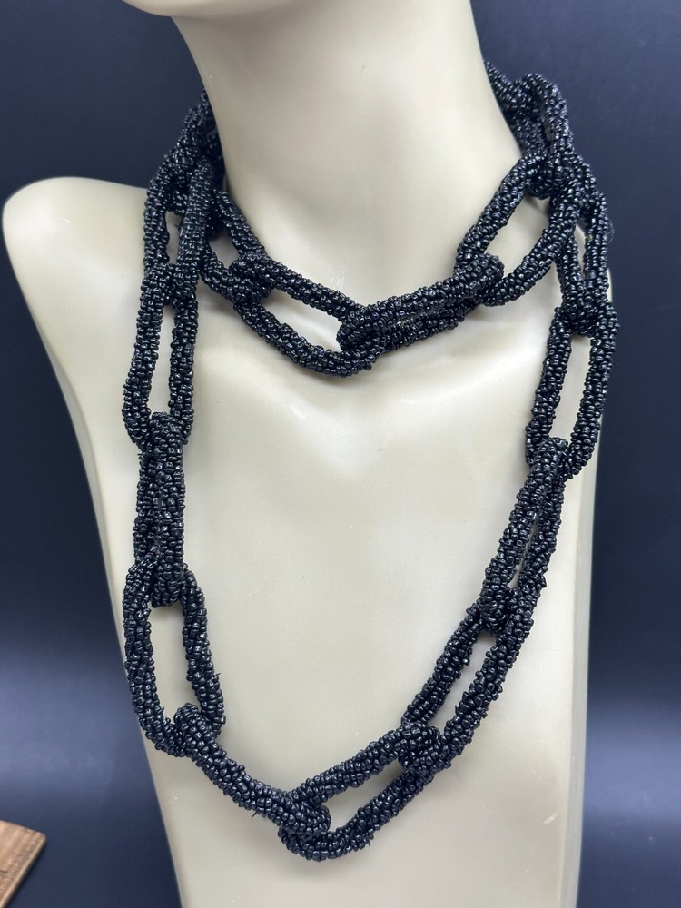 ESTATE HUGE STATEMENT BLACK SEED BEAD SEEDBEAD CHAIN NECKLACE 40"
