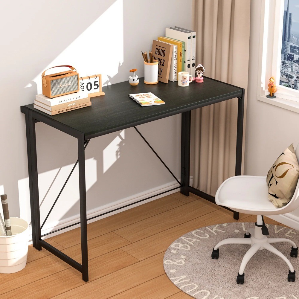 Black Frame Folding Desk with Textured Surface for Adults Study or Office