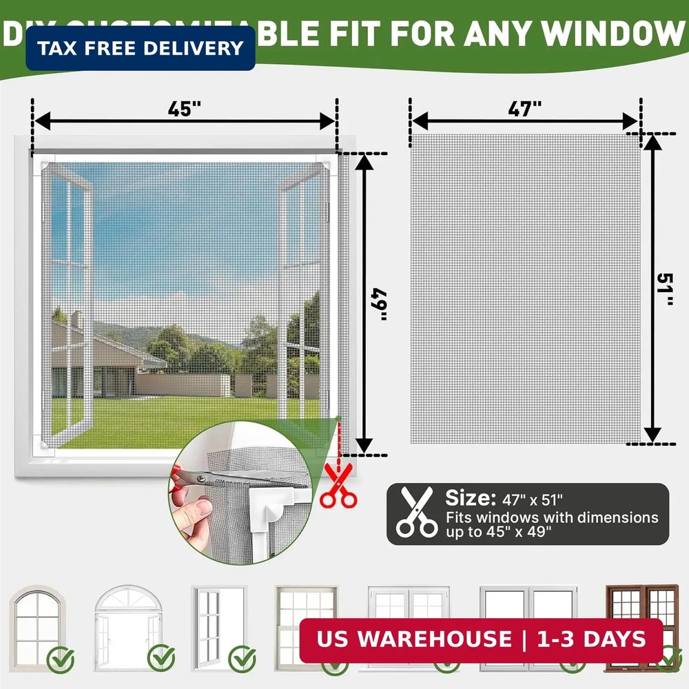 Window Screen Adjustable Magnetic Window Screen Replacement Max 47 x51 DIY Fiber