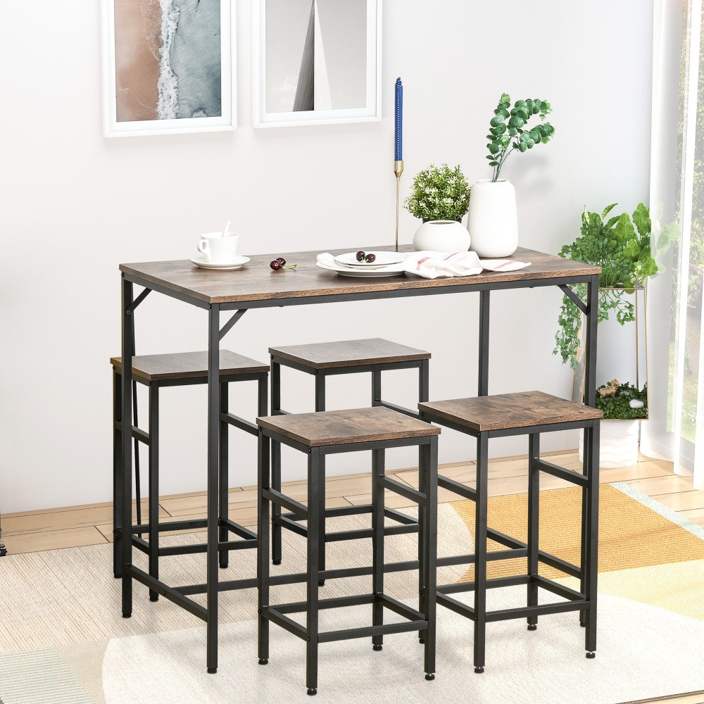 5 Piece Industrial Dining Table Set Bar Table 4 Stools Set Space Saving
